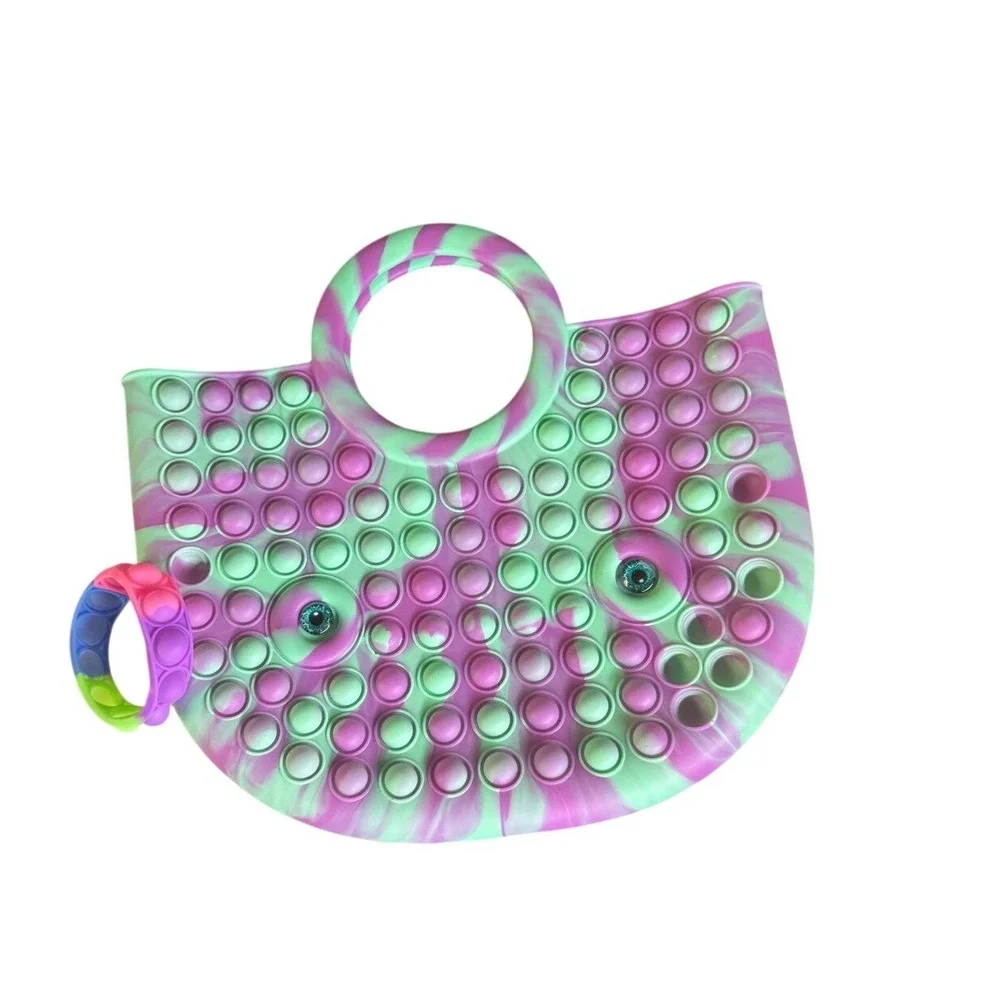 Ja-Ru‎ Silicone Pop Fidget Tote Bag and Bracelet Set Purple Green Swirl Eyeball